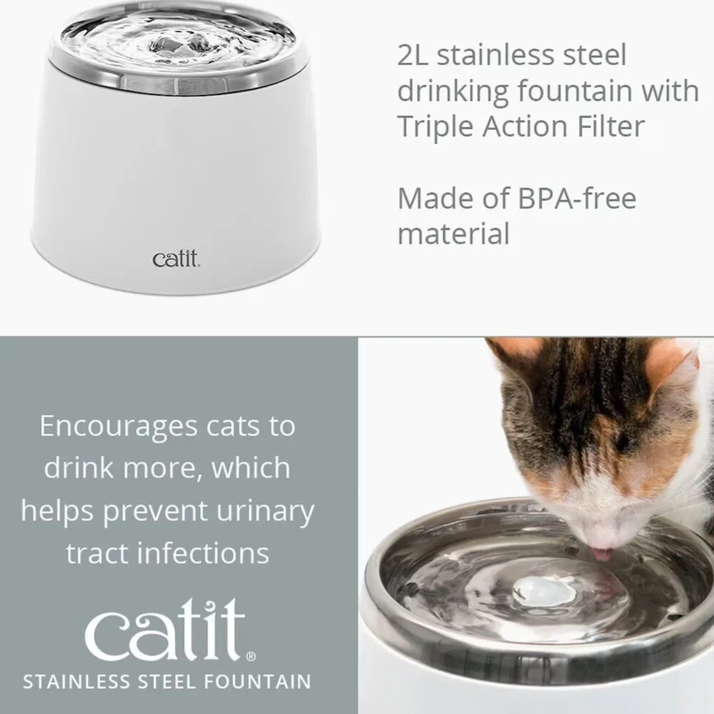 PETS: STAINLESS STEEL DRINKING CAT FOUNTAIN & (12) TRIPLE ACTION WATER FILTERS